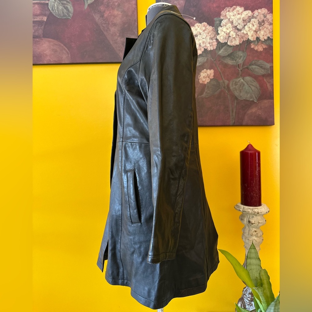 Women's Black Leather Coat - Picture 4 of 15